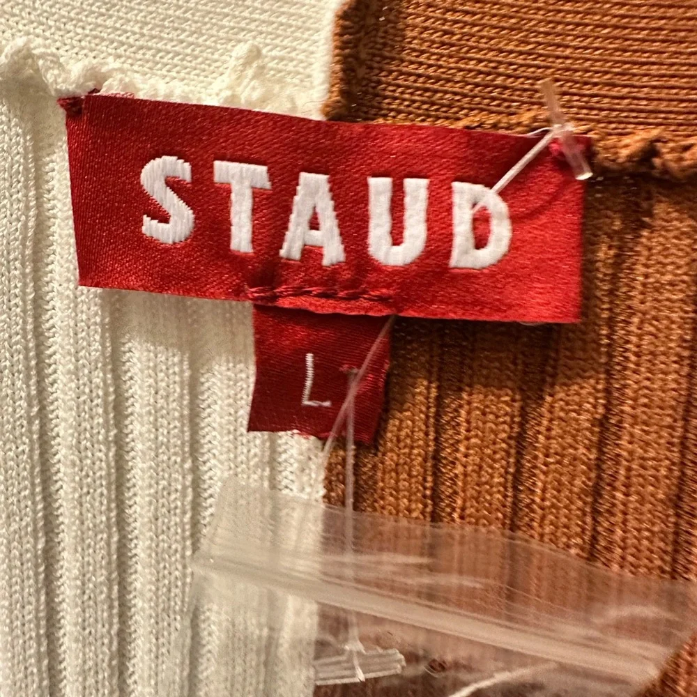 STAUD Long Sleeve Knit Dress in Cream and Brown Sz L - Picture 5 of 7